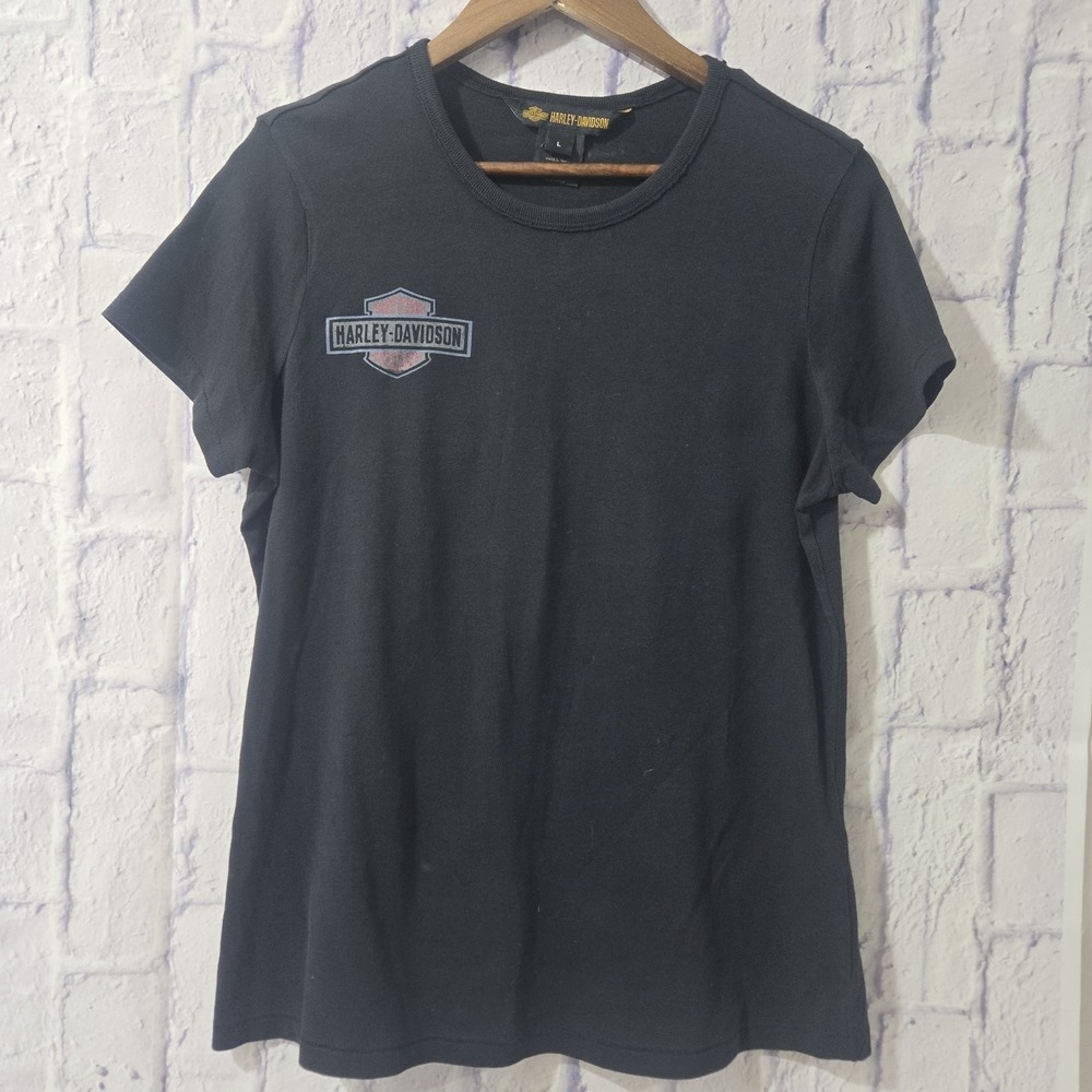 Harley-Davidson Womens Black Cotton Graphic Tee Eagle American Flag‎ Logo Large
